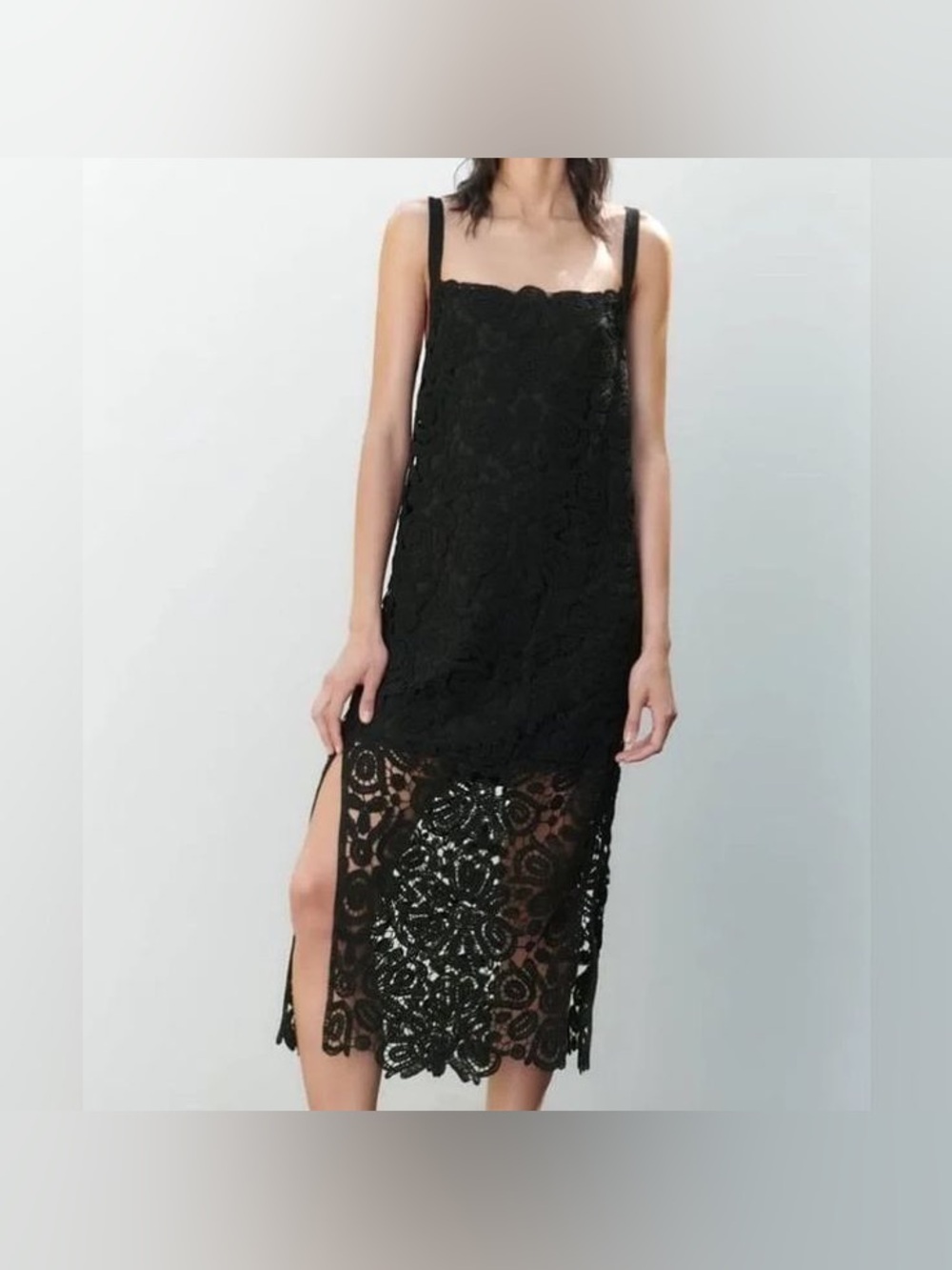 NWOT Zara BLACK CROCHET LACE STRAPPY MIDI DRESS